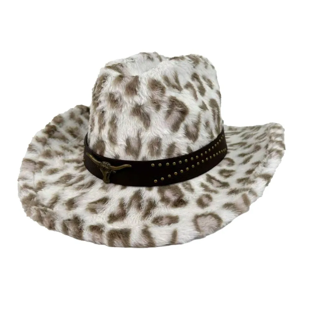 Retro Wide Brim Faux Fur Cowboy Hat Leather Band Windproof Cowboy Hat Soft Rivet Ornament Leopard Print Hat Streetwear Party