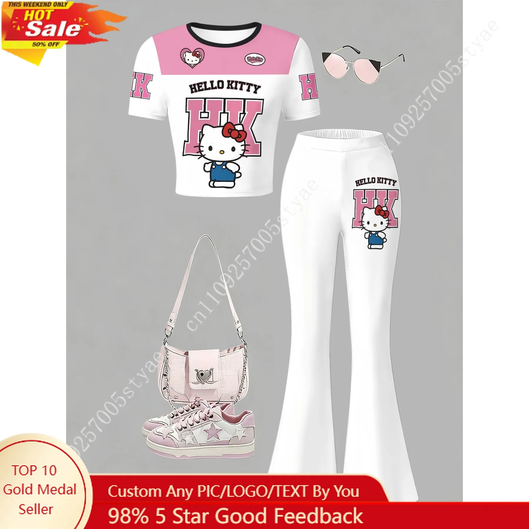 

Sanrio Hello Kitty My Melody Keroppi Pachadog Girls' Short Sleeved Top and Bell-bottomed Pants Set Featuring A Cute Hello Kitty