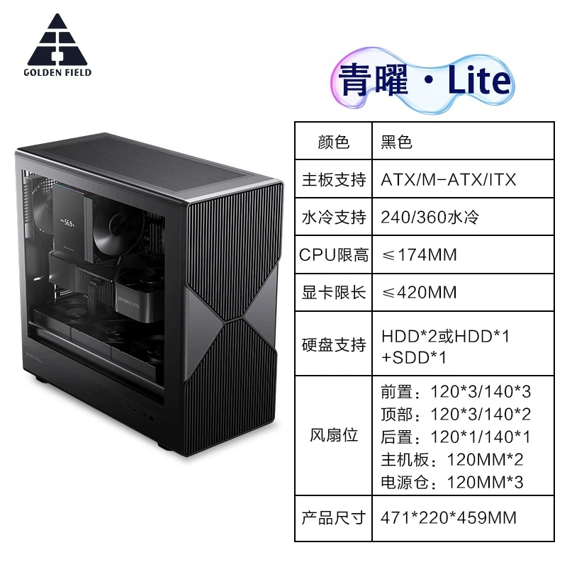 Golden Field Lite/Nano-Computergehäuse – Desktop-Computergehäuse mit Rücklüftung für Wasserkühlung für Gaming, ATX-Gehäuse
