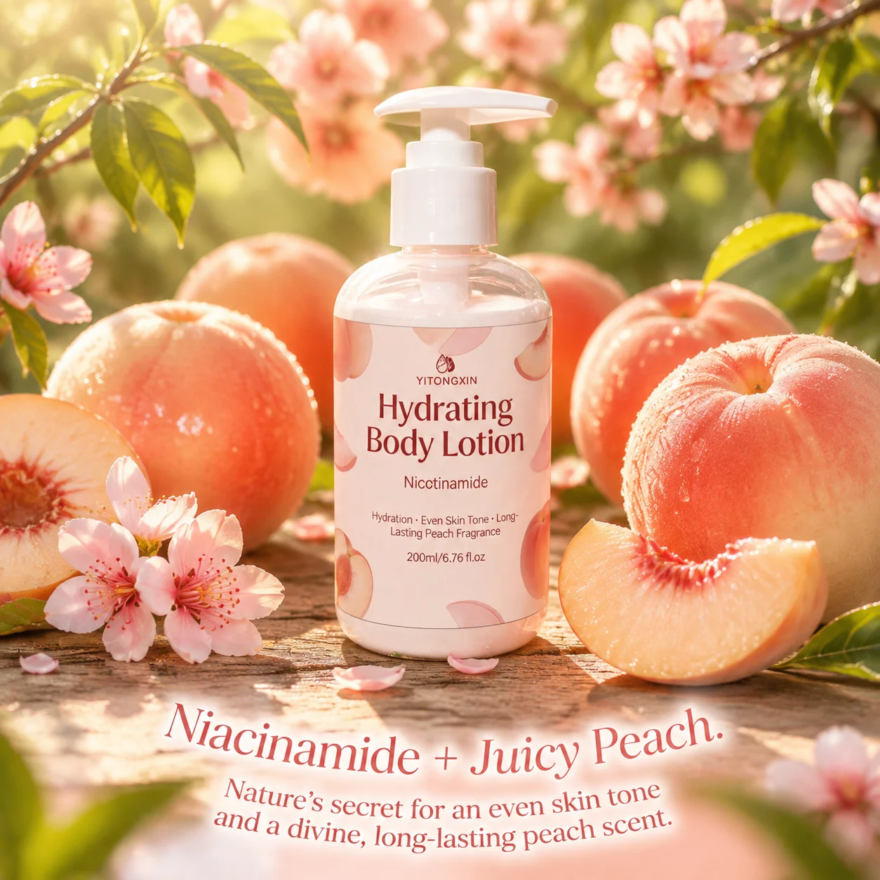Niacinamide Hydrating Body Lotion, Peach Fragrance, Softens Keratin, Even Skin Tone, Moisturizing Daily Care, 200ml.