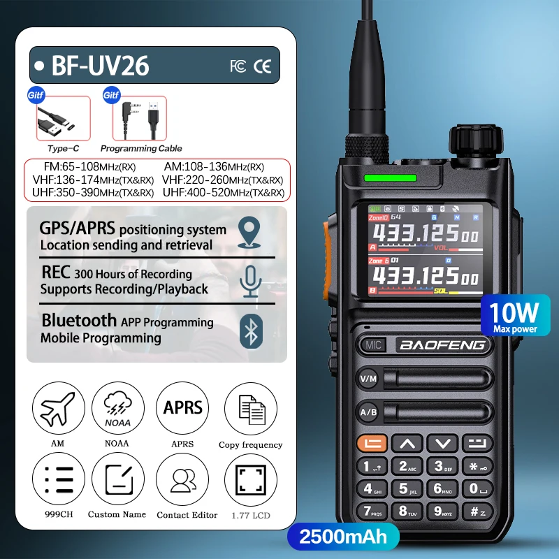 Baofeng UV26 Walkie Talkie GPS APSR Multi Band Bluetooth Programming Recording Wirless Copy Frequency Type-C Long Range Two Way