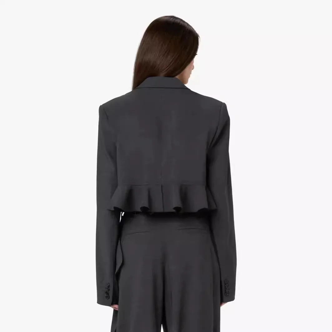 Harlan Lässiges Damen-Set, Frühling, Lotusblatt, Spitzensaum, kurzer Anzug mit Schnallenbund und Hose