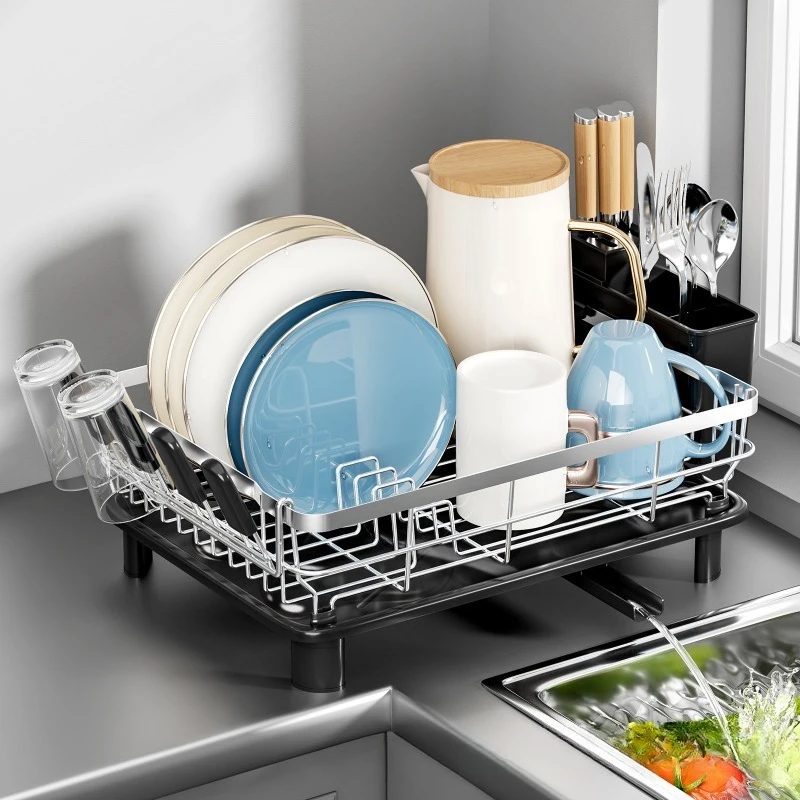 

Single Layer Hollow Dish Rack Kitchen Countertop Rack with Drainage Tray Multifunctional Tableware Rack Rust Resistant Durable