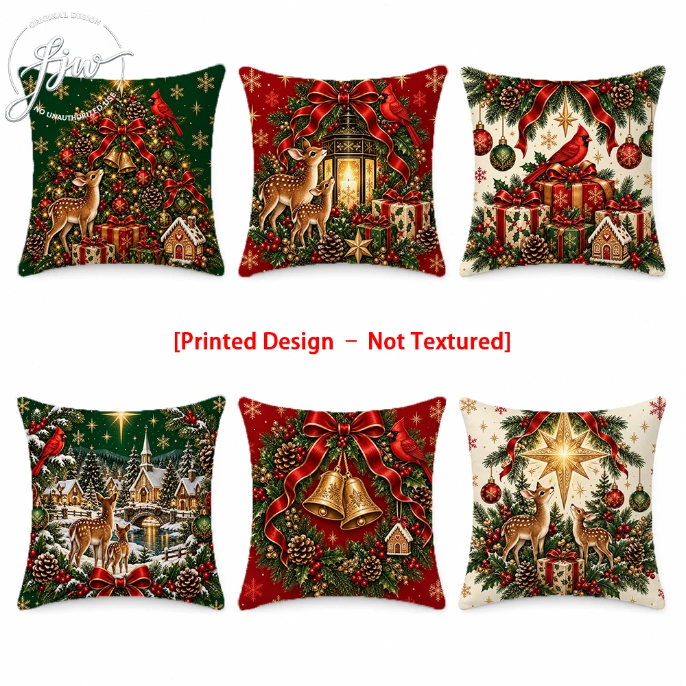 6pcs Vintage Christmas Throw Pillow Covers Deer Cardinal Snowman Designs, Winter Holiday Decor for Home Sofa Couch
