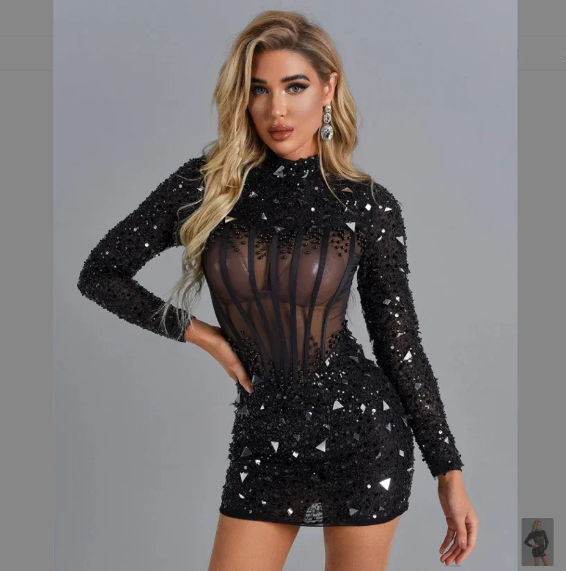 

2024 See Through Formal Evening Gowns Party Middle East Newest Design Sequined Beaded Black Women Dress Vestidos Bodycon Dress