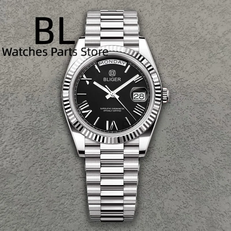 นาฬิกาข้อมือผู้ชาย BLIGER รุ่น BD36D40 สลักโลโก้ได้ นาฬิกาอัตโนมัติสุดหรู ระบบ Miyota8285 แสดงวันและสัปดาห์ หน้าปัดสีน้ำเงินน้ำแข็ง กระจกแซฟไฟร์ กันน้ำ 10 บาร์