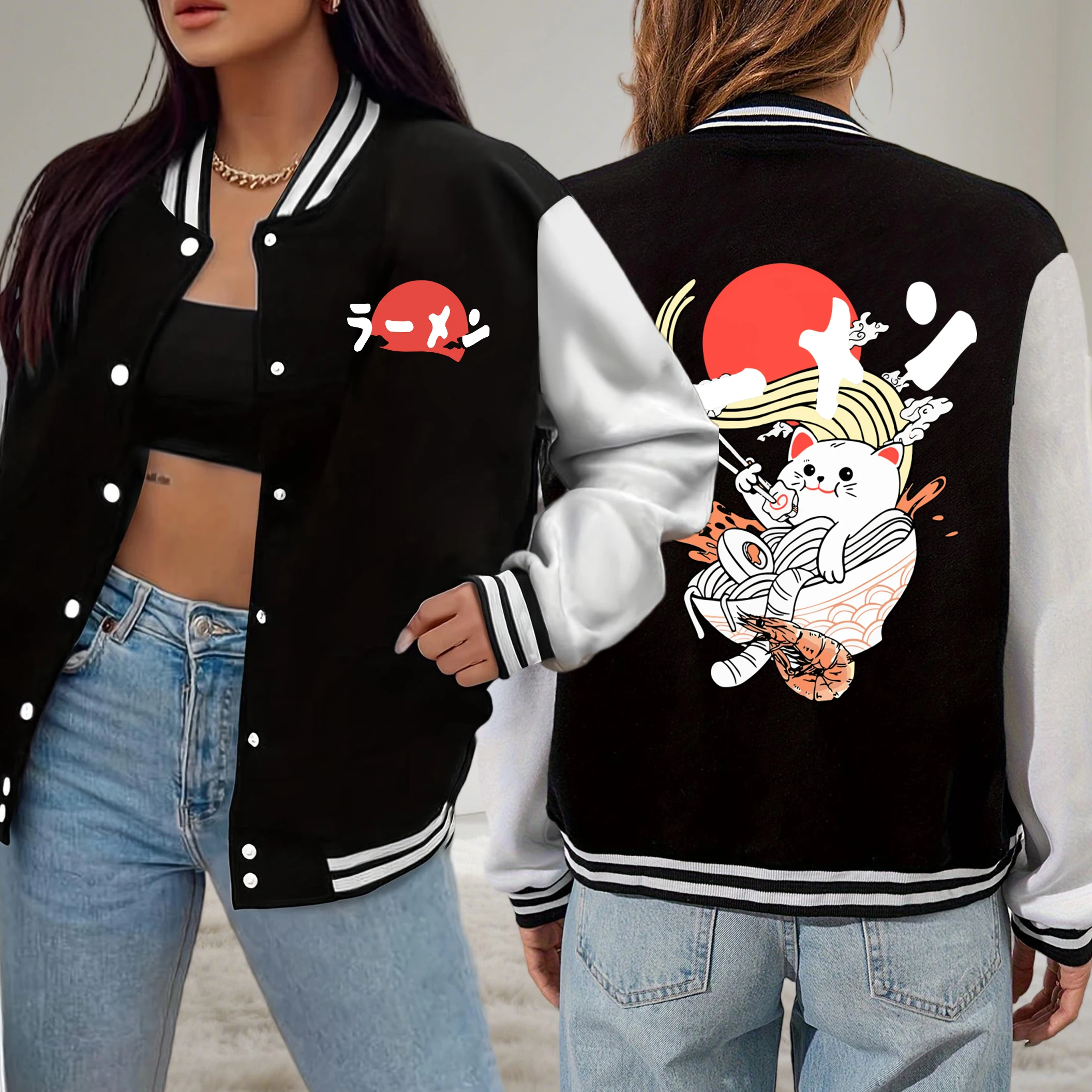 

Japanese Delicious Noodle Cat Prints Baseball Uniform Casual Loose Clothes Fleece Women Jackets All-Match Autumn Streetwear