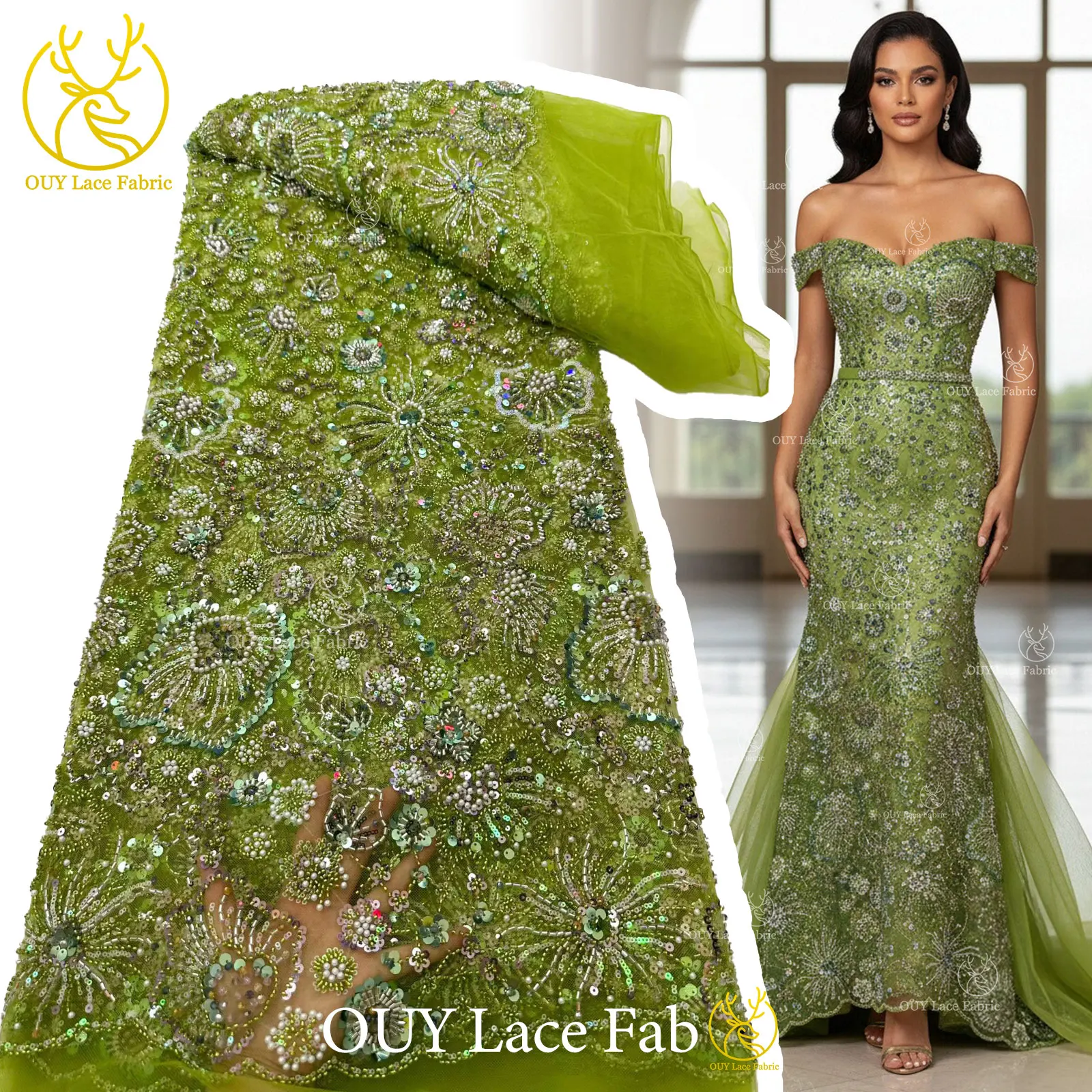 

Новая модель зеленого африканского тюлевого кружева 2026 года: высококачественная роскошная французская ткань с бисером и пайетками для женских вечерних платьев