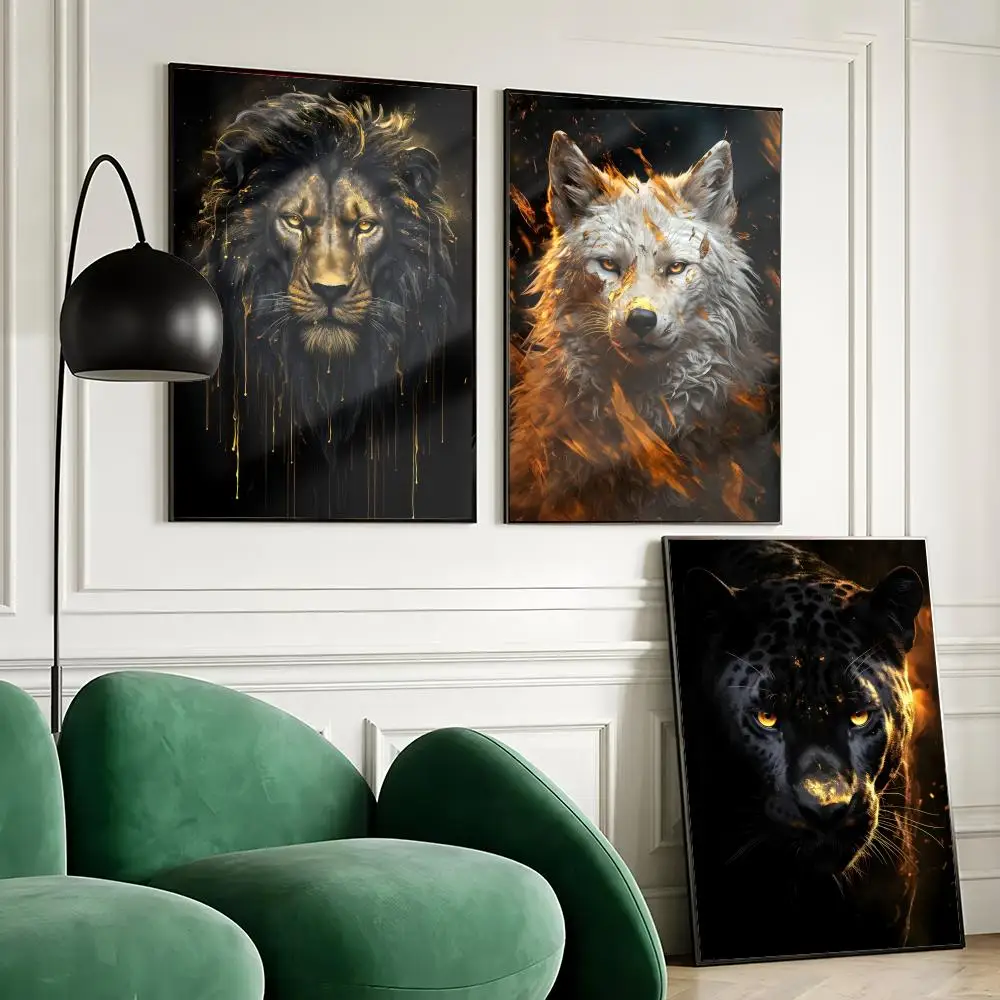 Black And Gold Panther Painting Poster Waterproof Wall Art Sticker for Home Bar Decoration