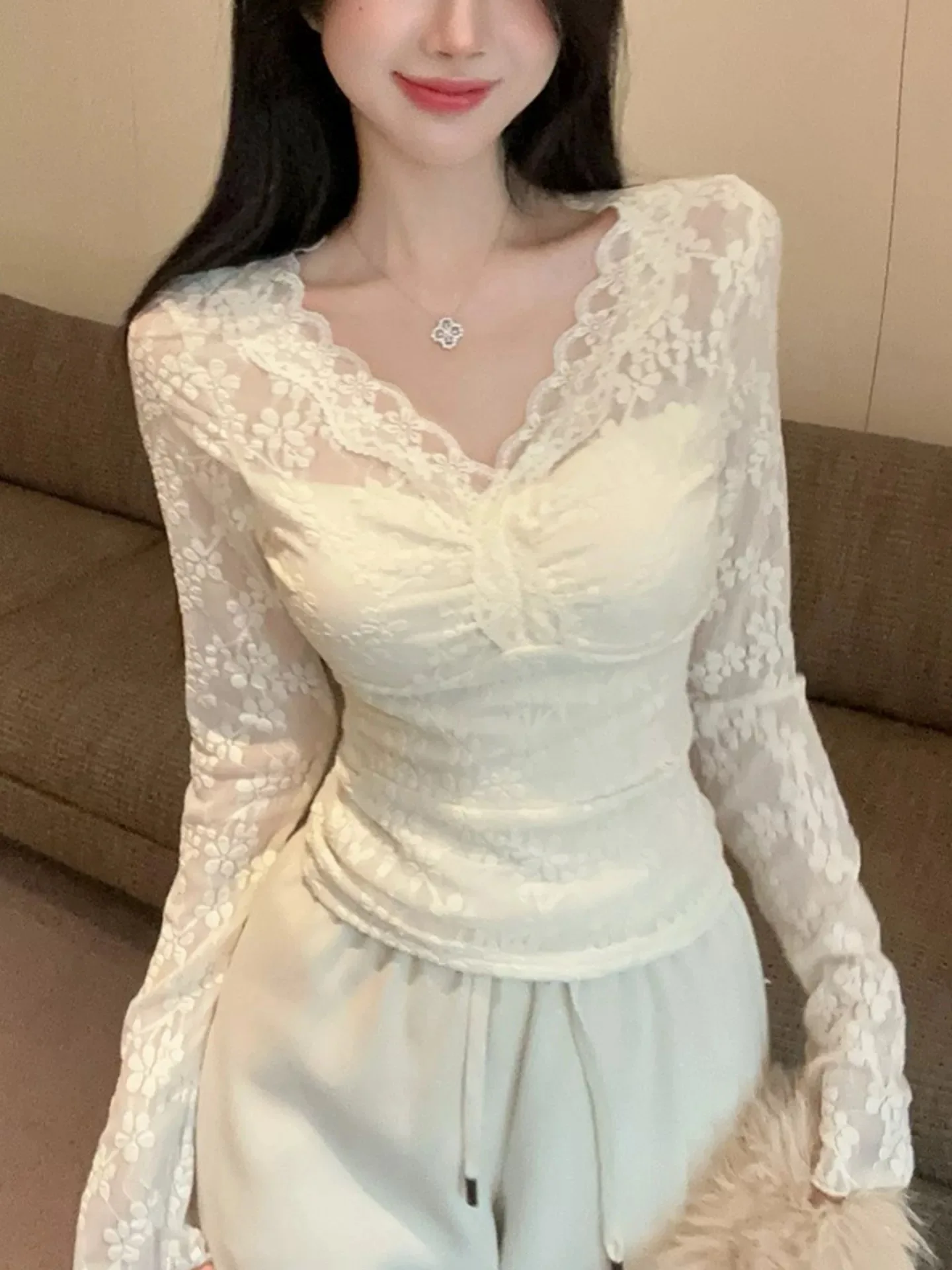 Elegant Lace Trim Hollow out Base Layer Top Long Sleeve Women's Slim Fit Shirt Unique Style Autumn Winter New Arrival
