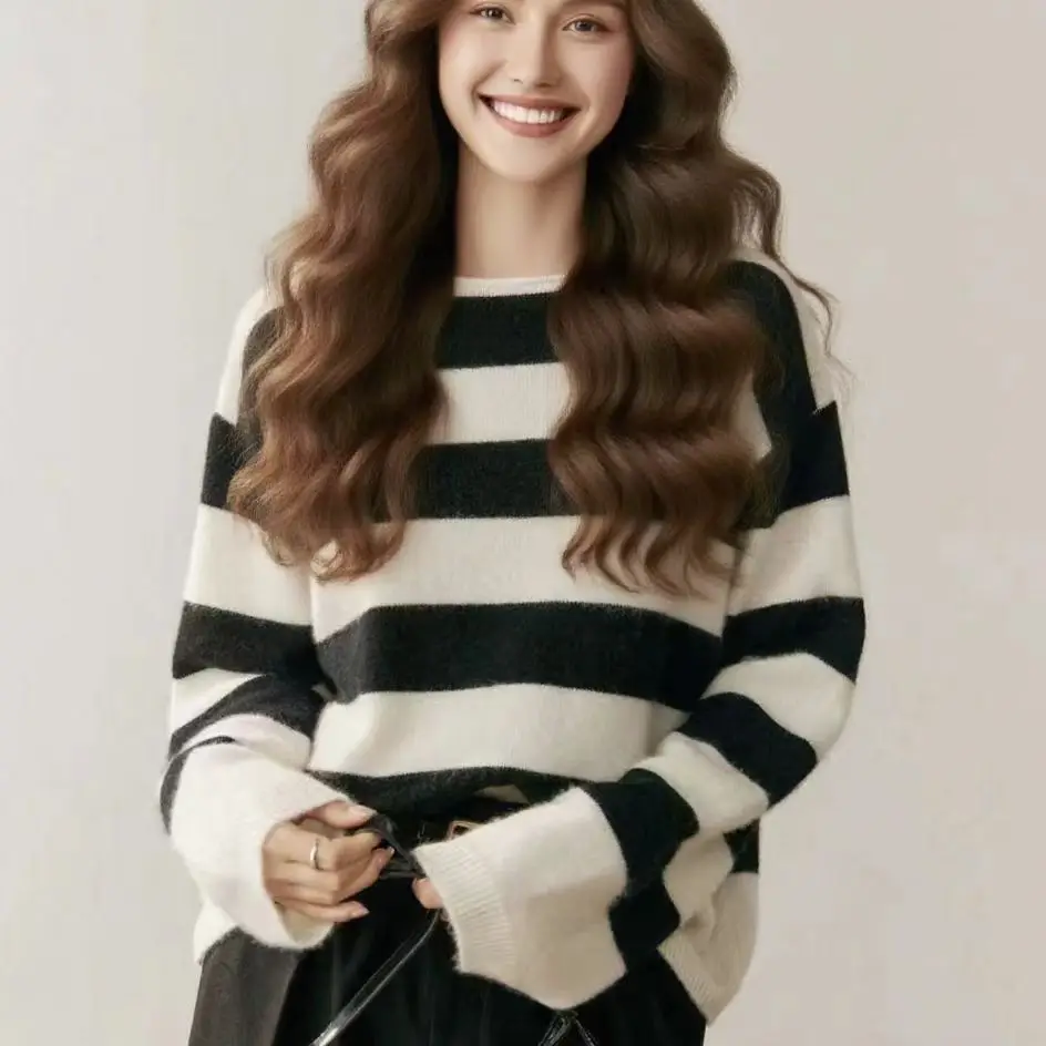 

Women 100% Cashmere Sweater O-neck Striped Pullover Casual Loose Knitted Jumper Bust 120-128cm Autumn Winter Cashmere Clothes