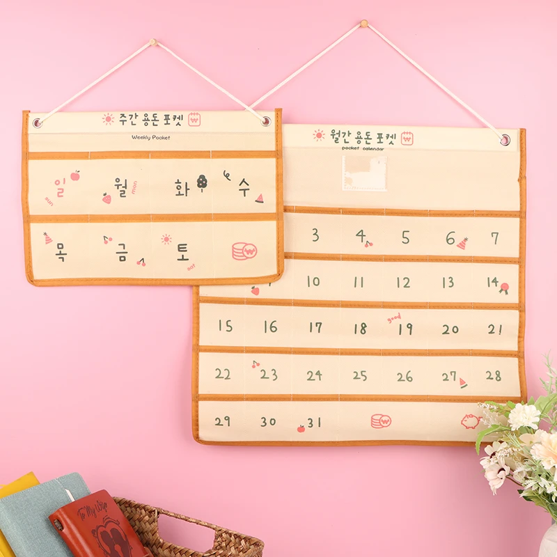 Bolsa para calendario montada en la pared, bolsillo de tela no tejida para colgar monedas y papelería, bolsa de almacenamiento para calendario semanal