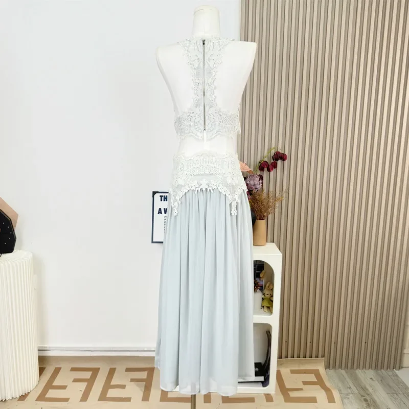 

French Lady Summer Two Piece Outfits High Quality Sweet Fashion 2 Piece Set For Women Lace Vest Top + High Waist Long Skirt Sets