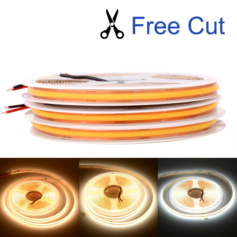8mm Free Cut COB LED Strip Light 12V/24V 528LEDs/m Flexible Ribbon Light No Dark Spot Cuttable 3000K 4000K 6000K Warm Cool White