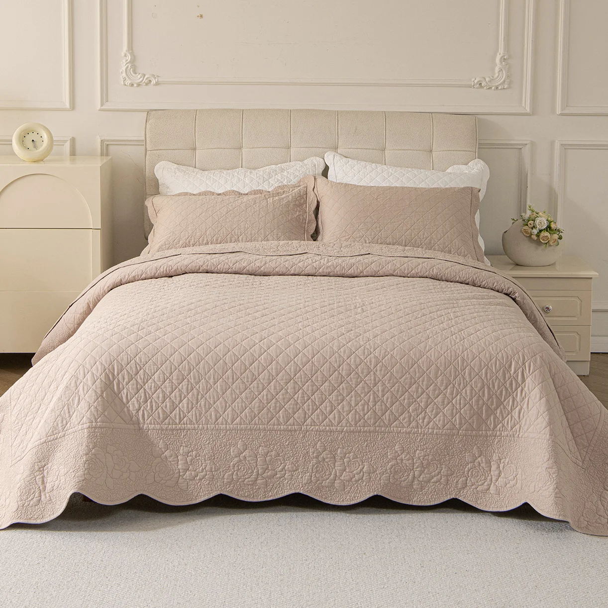 

Simple Style Embroidered Quilt Set, Lightweight Breathable 100% Cotton 3PCS Bedspread Set, European Solid Color Cotton Bed Cover