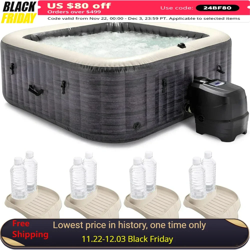 Inflatable Square Hot Tub Spa With Attachable Cup Holder And Set Of 4 Refreshment Tray Accessory,inflatable Pool