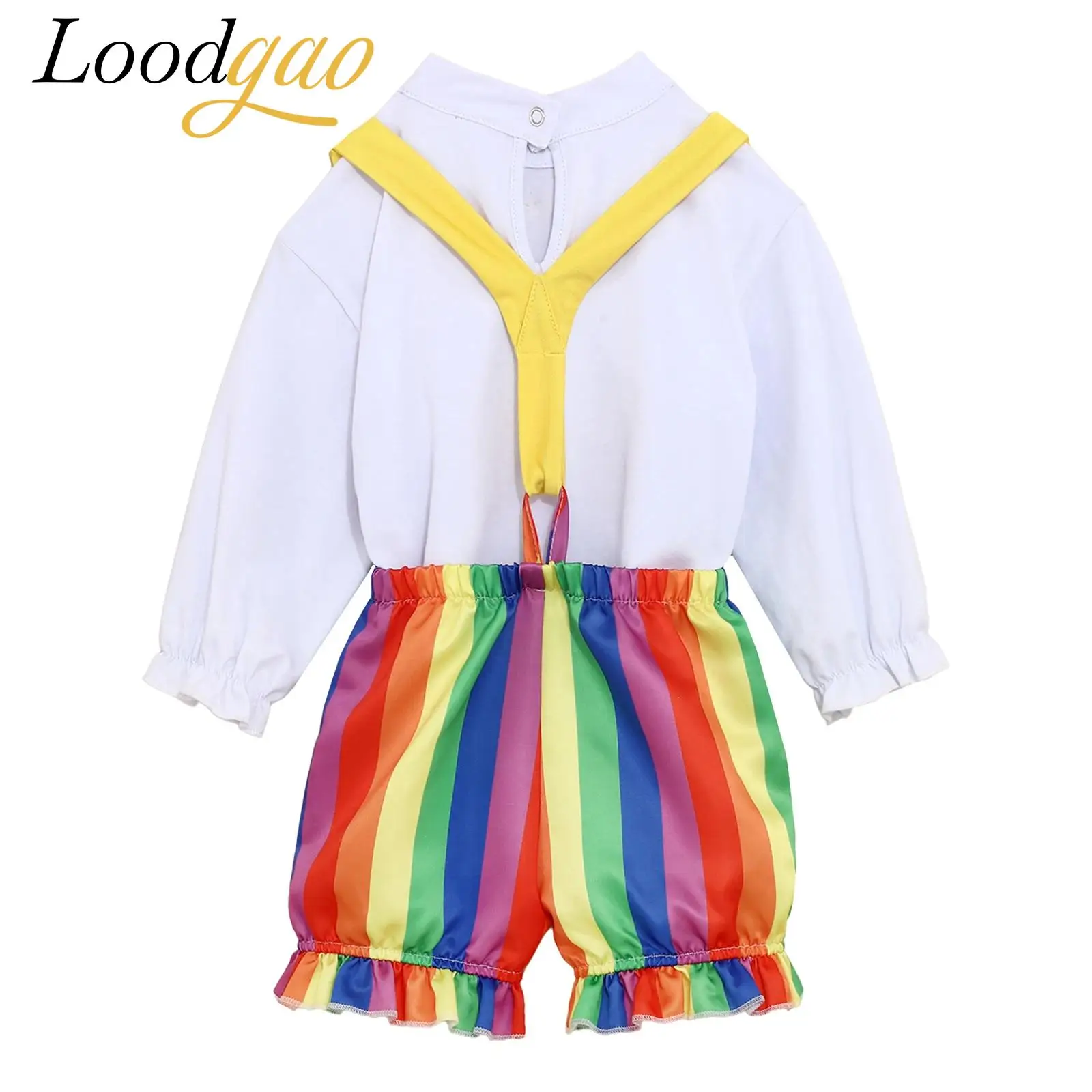 

Girls Boys Roleplay Clown Clothing Outfit Costume Fancy Dress Cosplay Circus Costume Pompom Rompers + Colorful Suspenders Shorts