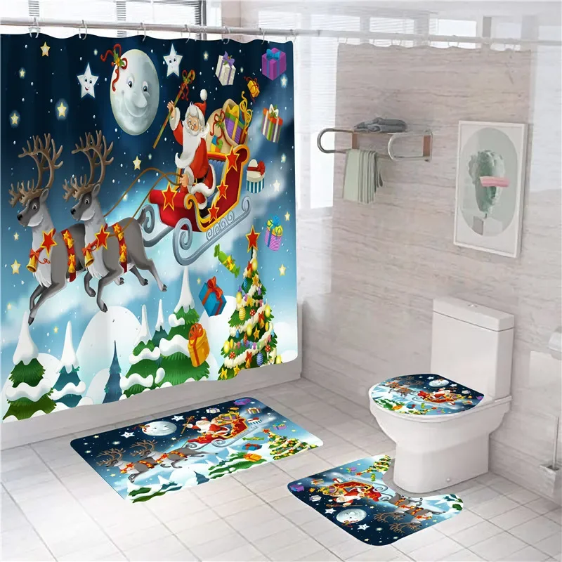 Blue Cartoon Santa Printed Christmas Shower Curtain Set Bathroom Decor Elk Toilet Bath Mat Rugs Carpets WC Accessories