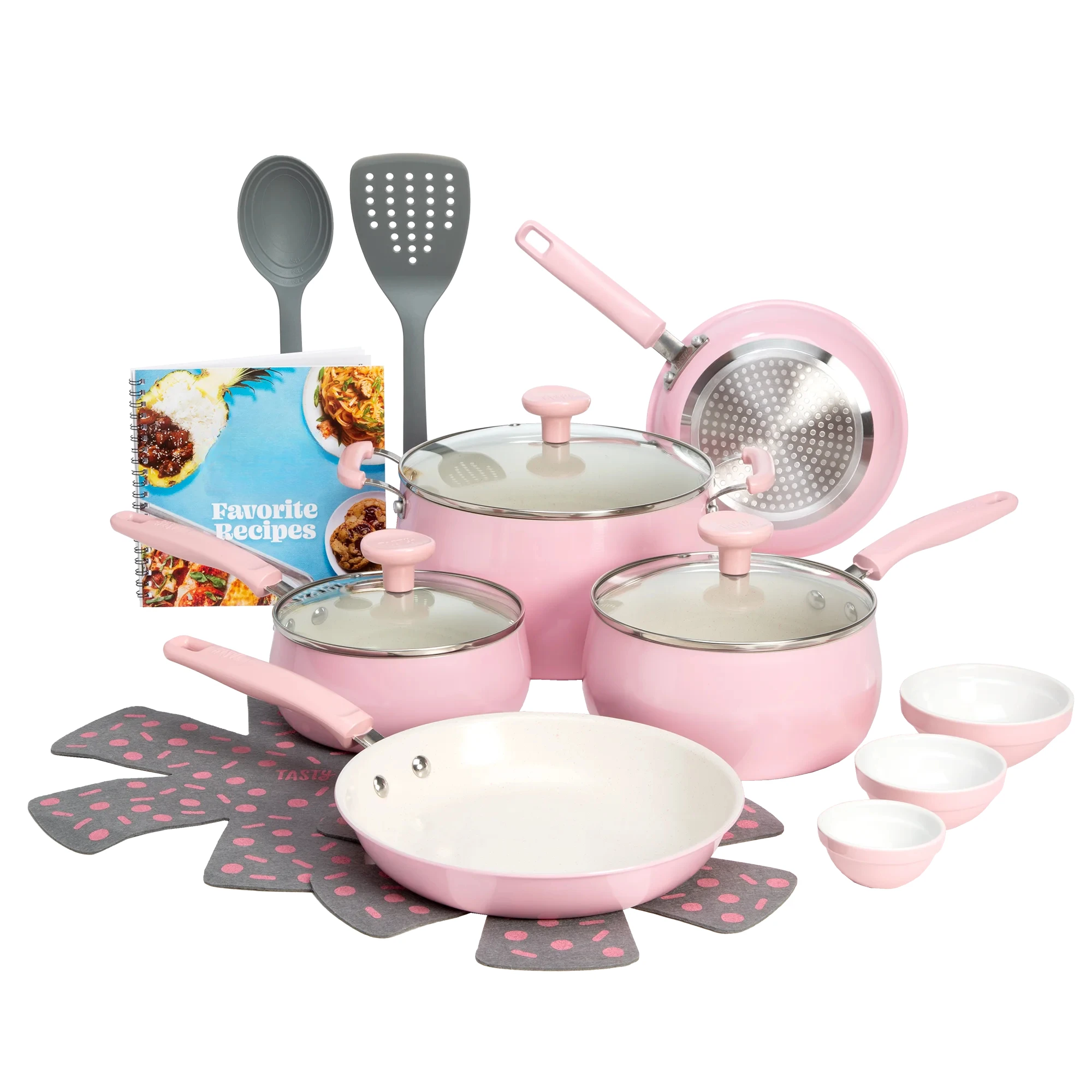 Clean Ceramic 16 Piece Non-Stick Aluminum Cookware Set, Pink