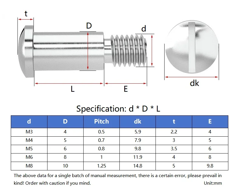 M3tom8 Sus304 Stainless Steel Spherical Slotted Positioned Shaft Shoulder Step Screw Plug Limit Screw Bearing Bolt Gb946