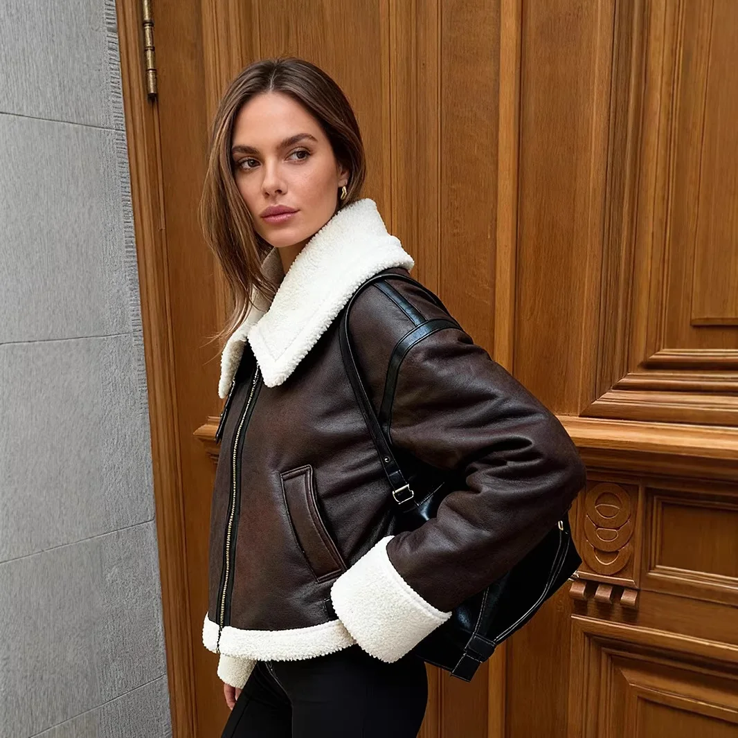 Winter with Belt Moto Biker Thick Warm Sheepskin Coat Outwear Women Streetwear Faux Lamb Leather Fur Short Jacket