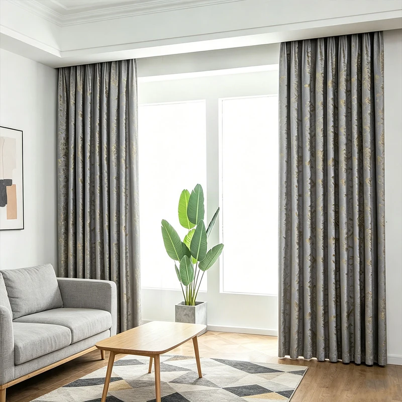 

Luxury Blackout Gray Velvet Curtains with Gold Foil Print, Minimalist Retro Style Light Blocking Drapes for Living Room & Bedroo
