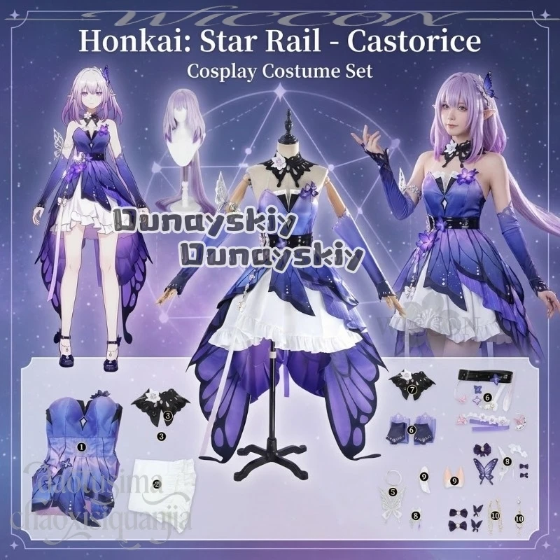 

Anime Game Honkai：Star Rail Cosplay Castorice New Outfit Gossamer Flutter Purple Long Butterfly Train Dress Goth Lolita Wigs Cos
