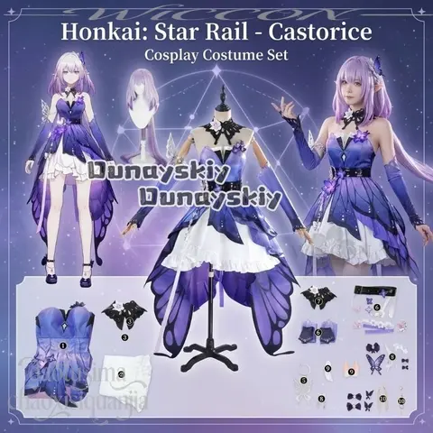 Anime Game Honkai：Star Rail Cosplay Castorice New Outfit Gossamer Flutter Purple Long Butterfly Train Dress Goth Lolita Wigs Cos