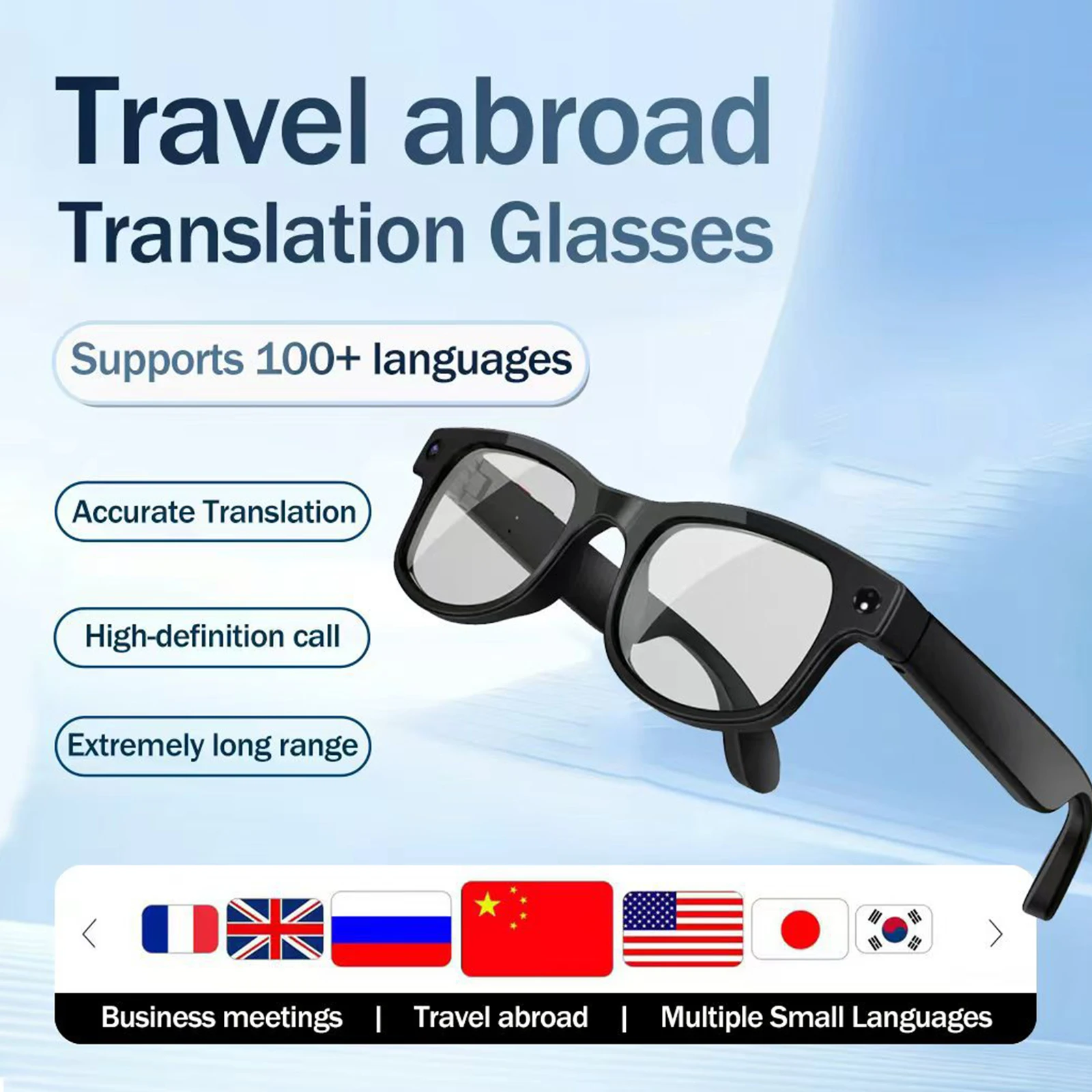 

Audio BT Camera Glasses Real-Time 160+ Language Translation Hands-Free Recording Glasses with Color-Change Len for Men Women