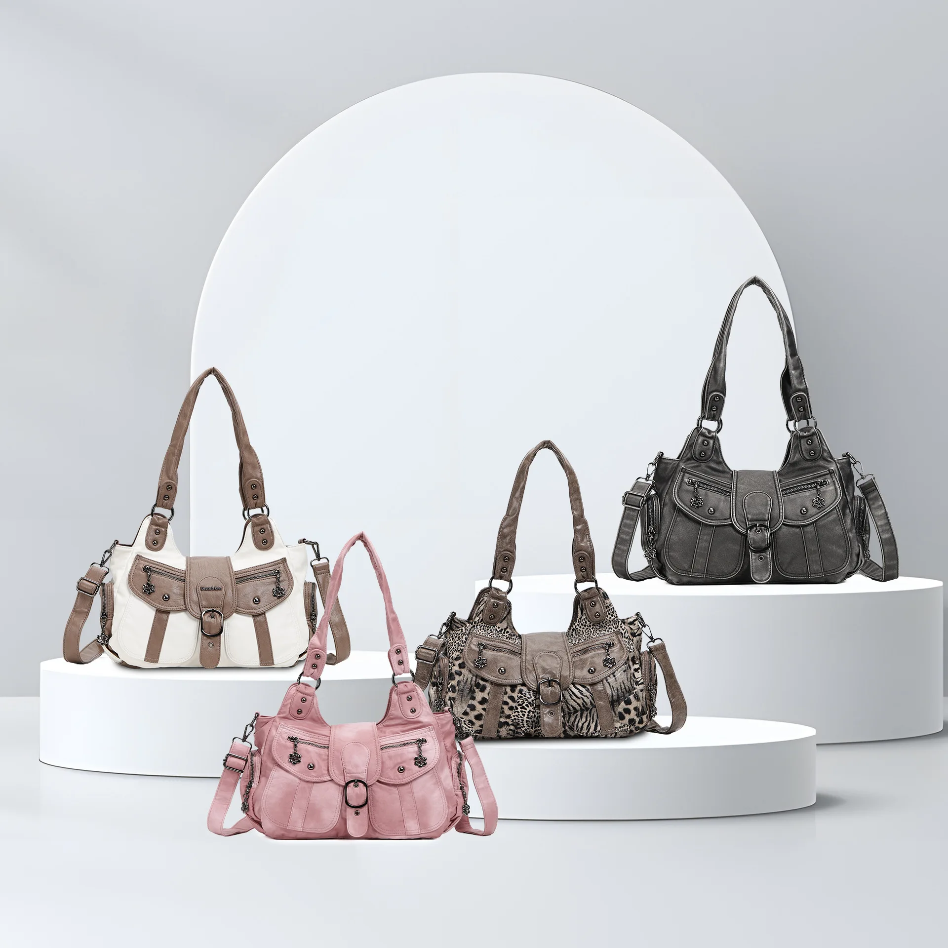 Venn Angel Y2K Preppy Style Pink Hobo Shoulder Bag Women Vintage Washed PU Leather Multi‑Pocket Crossbody College School Handbag