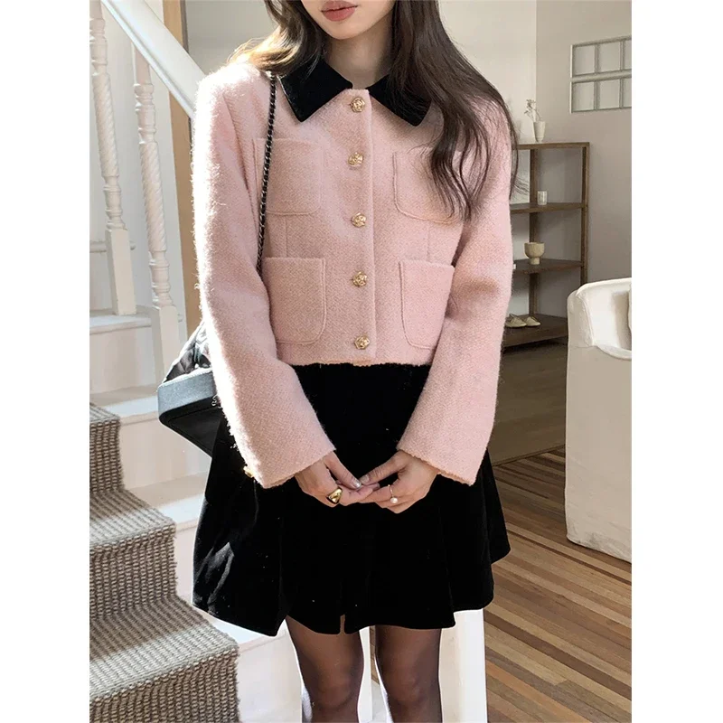 MEXZT Vintage Cropped Wool Blends Coats Women Sweet Pink Patchwork Jacket Winter Commute Woolen Overcoat Korean Chic Outwear New