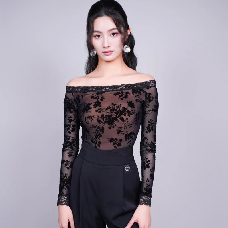 

Черный кружевной топ с рукавами для латиноамериканских танцев, боди для взрослых, топ на одно плечо для латиноамериканских танцев, женские топы для бальных танцев, одежда для тренировок SL15086