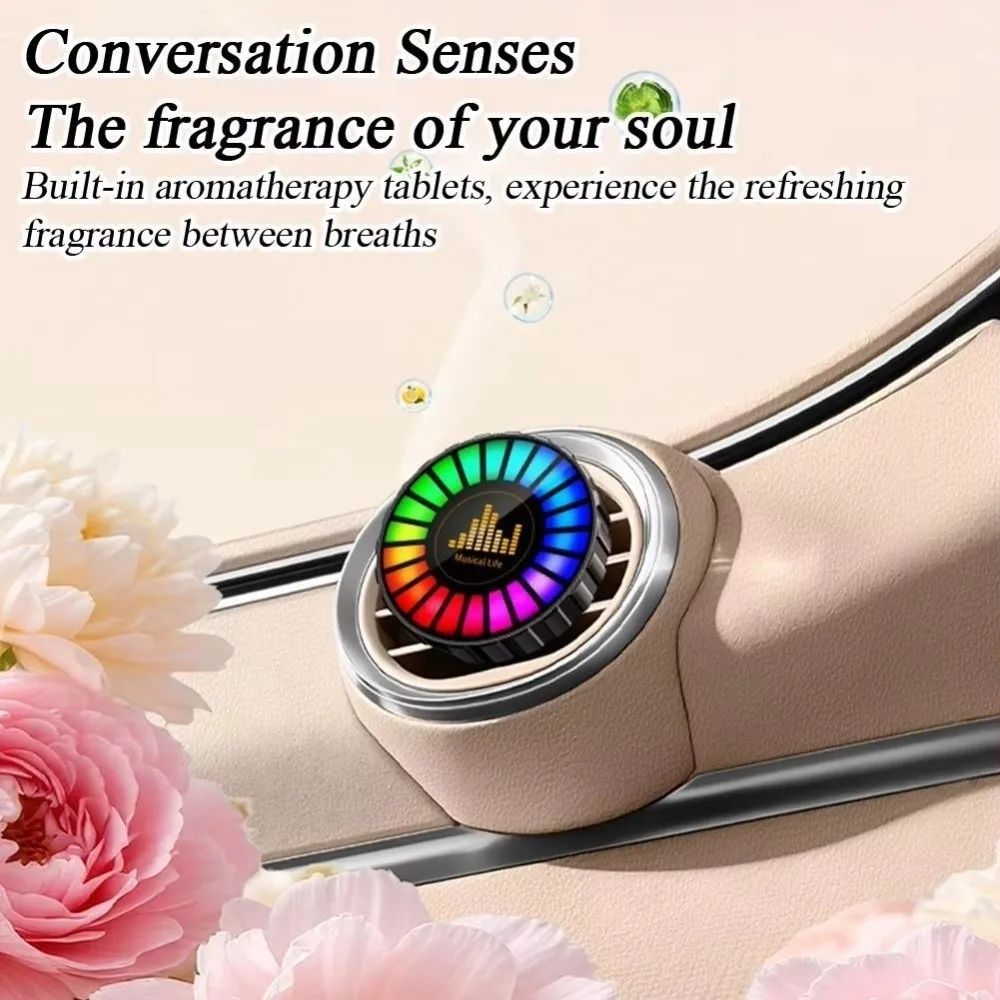 Rechargeable Car Ambient Light Vent Clip Sound-Activated Car Aromatherapy Lamp Round Shape 2-in-1 Car Fragrance Light Room
