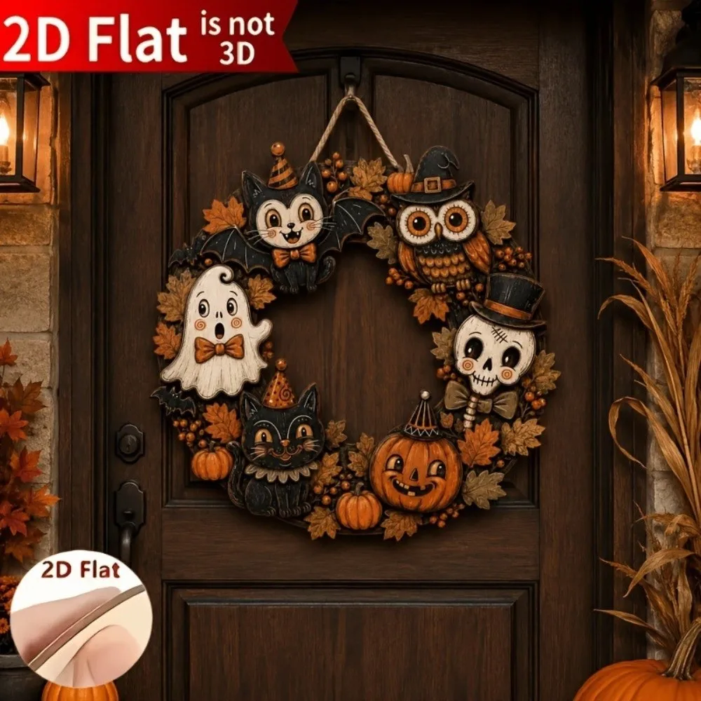 Rustic Halloween Ghost Cat Owl Sign Maple Leaf 2D Flat Wooden Welcome Hanging Sign Round with Hanging Rope