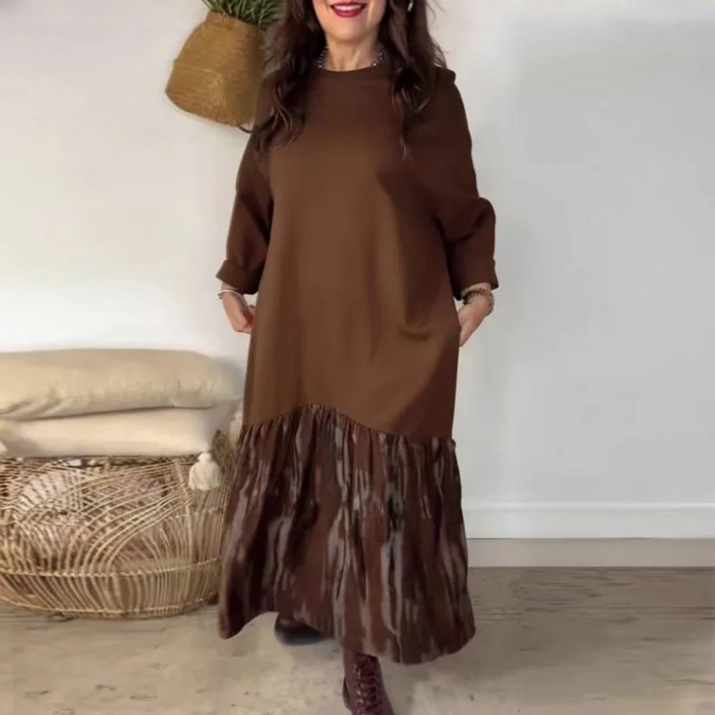 2026 primavera Patchwork Tie-tinte dibujo vestidos largos mujer Sexy cuello redondo suelto Jersey vestido otoño manga larga sudaderas vestido