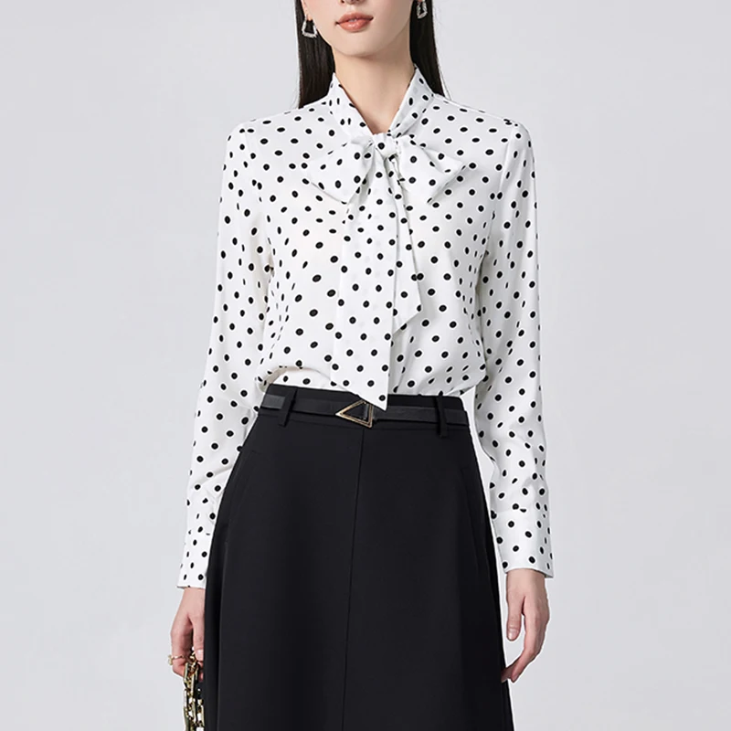 ZJYT Elegant 2025 Spring Bow Collar Polka Dot Print Shirts & Blouses Women Long Sleeve Office Camisas e Blusas Female Tops White