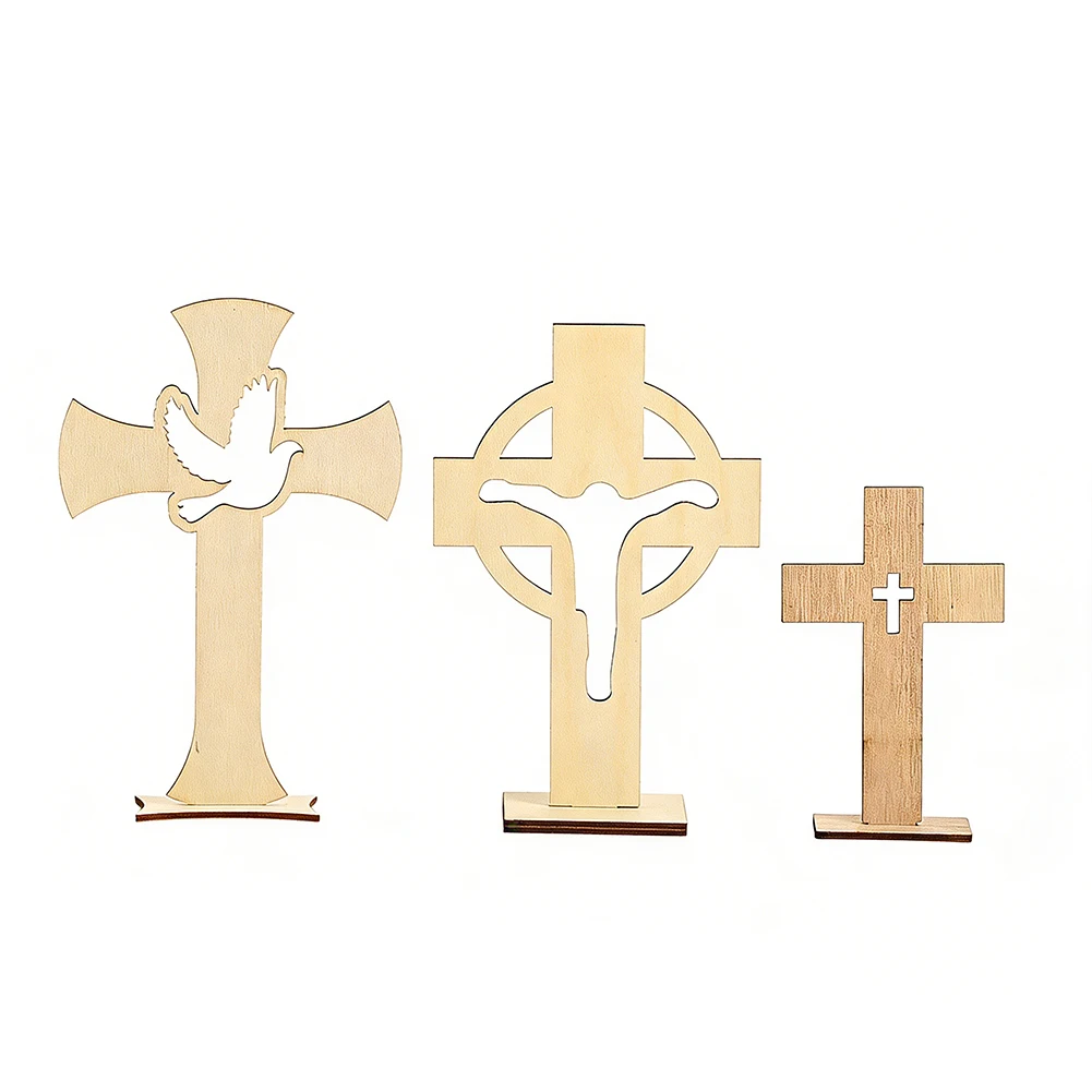 Wooden Cross Figurines Unfinished Centerpieces with Base Stand for First Communion Decor Church Baptism Gifts Candle Projection