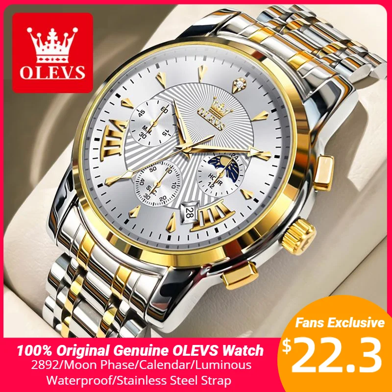 OLEVS-Montre à Quartz Originale en Acier Inoxydable pour Homme, Montre-Bracelet Étanche, Phase de Lune, Date existent, Marque de Luxe