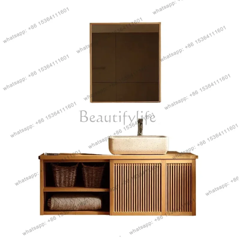 

Log color solid wood bathroom cabinet wall-mounted Nordic style washing table bathroom wash basin cabinet combination