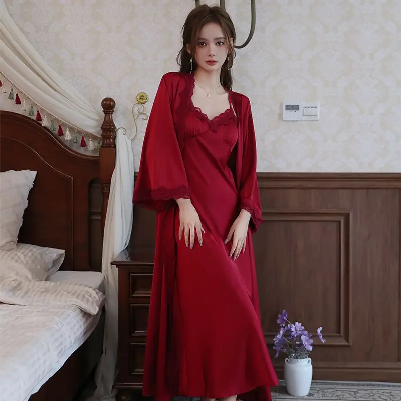 Female Long Kimono Bathrobe Gown Sexy Burgundy Lace Trim Wedding Robe Nightgown Set Loose Casual Satin Home Dress Lounge Wear