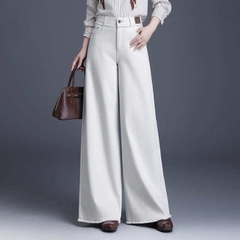 

White Narrow Wide-Leg Jeans for Women, Spring and Autumn New High-Waisted Slimming Draped Loose Casual Straight Pants