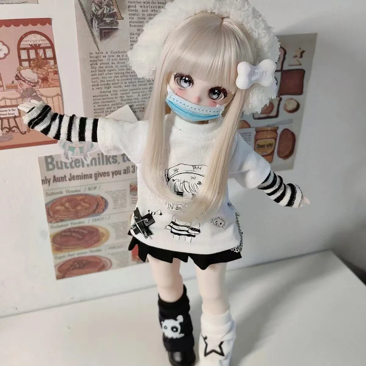 [Only Selling Clothes ] 1/6 1/4 Casual Graffiti T-shirt Black Pleated Skirt Striped Hat Set For bjd Clothing Accessories