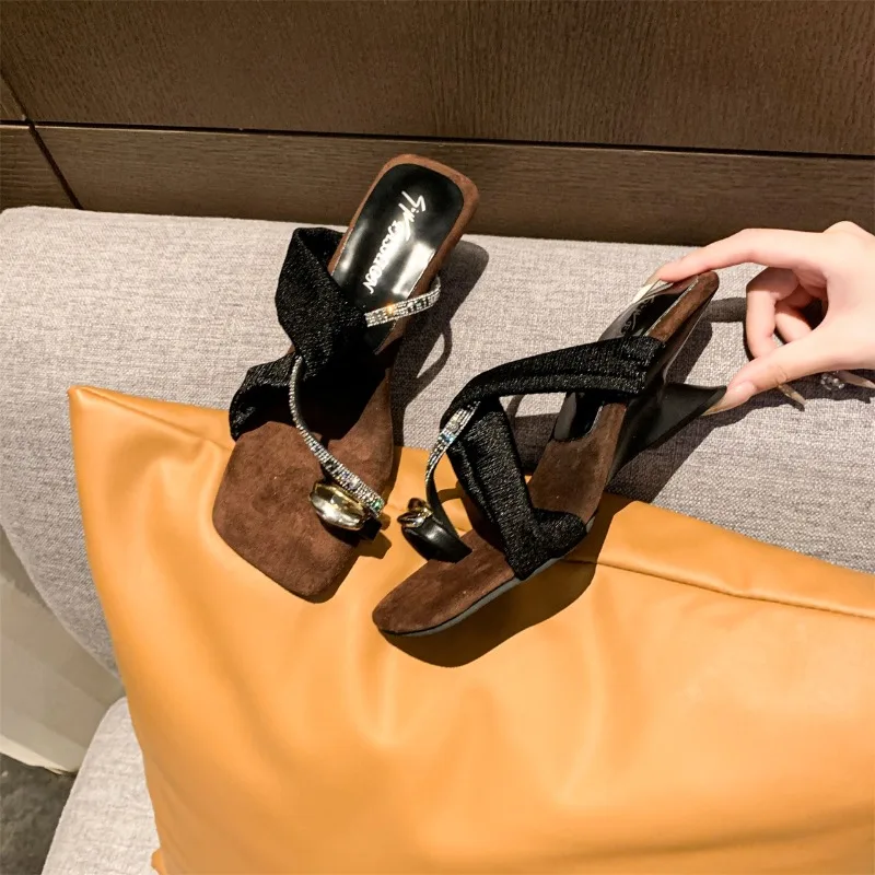 

Summer Women's French Style Rhinestone High Heel Sandals Elegant Luxury Square Open Toe Slip On Mules