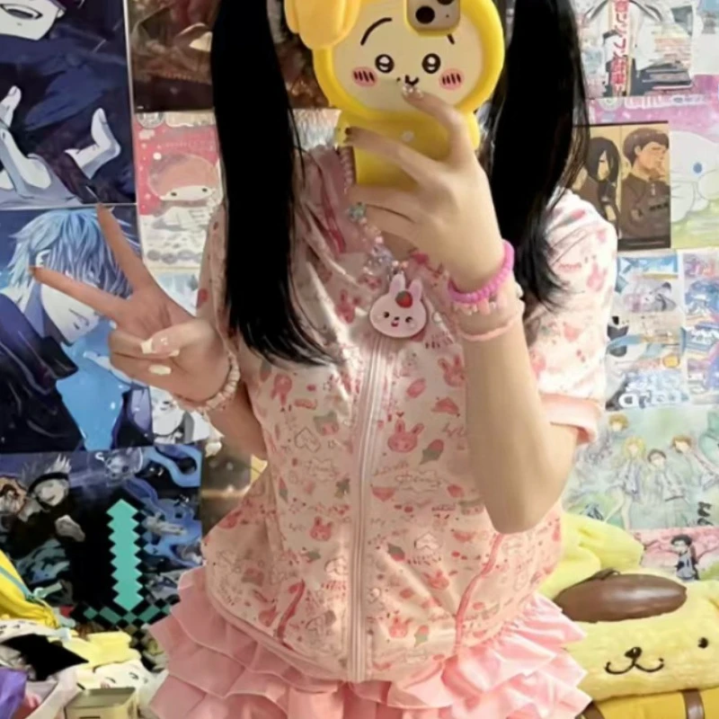 Lovely Ruffle Blouse Women Y2K Fairy Grunge Vintage Japanese Lolita Harajuku Short Sleeve Summer Street Casual Daily Top