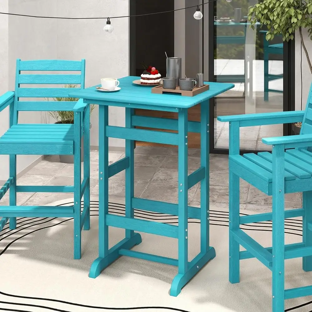 Turquoise 42 High-Density Outdoor Bar Table with Wood Grain Pattern, Suitable for Patio, Garden, and Poolside