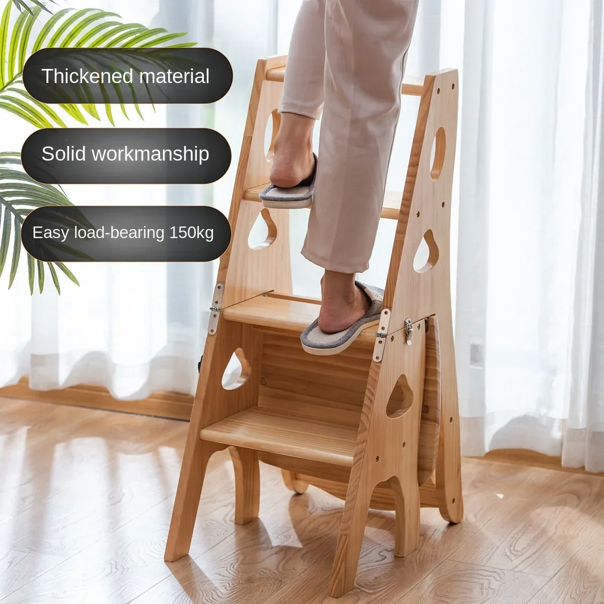 Solid Wood Ladder Chair Home Multi-functional Folding Chair Dual-use Ladder Stool Indoor Climbing Stairs 4-step Climbing Ladder