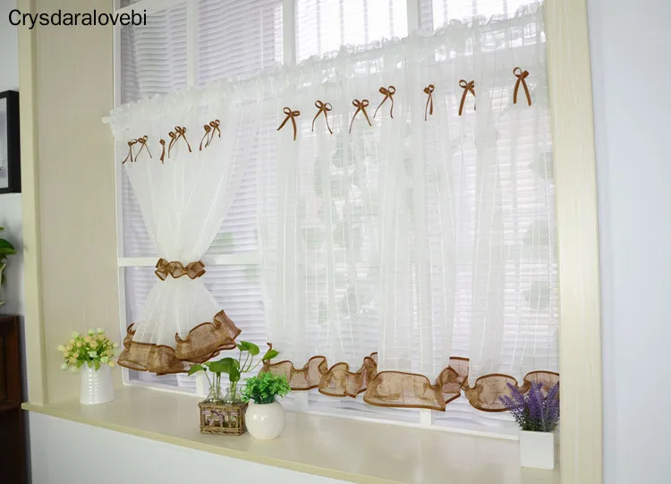2pcs Customizable Short Tulle Curtain with Ties Pastoral Kitchen Curtains Small Sheer Curtain Drapes for Cabinet/Balcony/Window