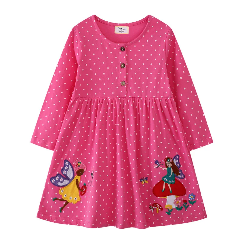 

Jumping Meters 2-7T Fairy Baby Long Sleeve Princess Girls Dresses Animals Applique Dots Children's School Clothing Cute Party