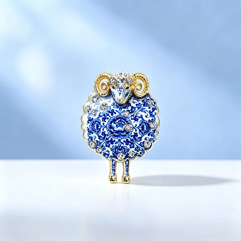 Blue and White Porcelain Sheep Brooch Alloy Rhinestone Animal Lapel Pin Vintage Clothing Badge