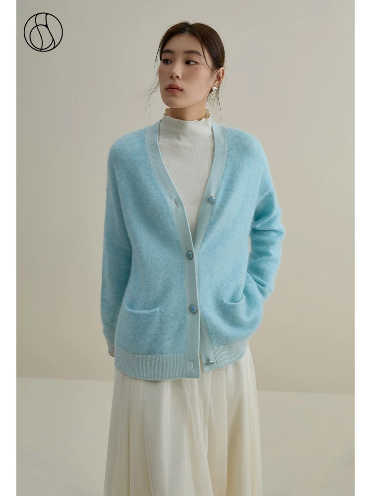 

DUSHU Cozy Sense Mohair V-neck Knitted Cardigan for Women Winter New Style Drop Shoulder Loose Gentle Wind Knitted Jacket Female